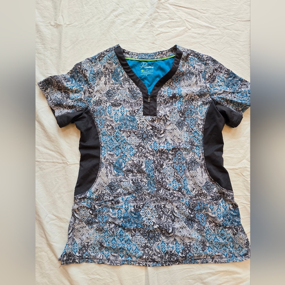 Blue and Black Patterned Scrub Top
